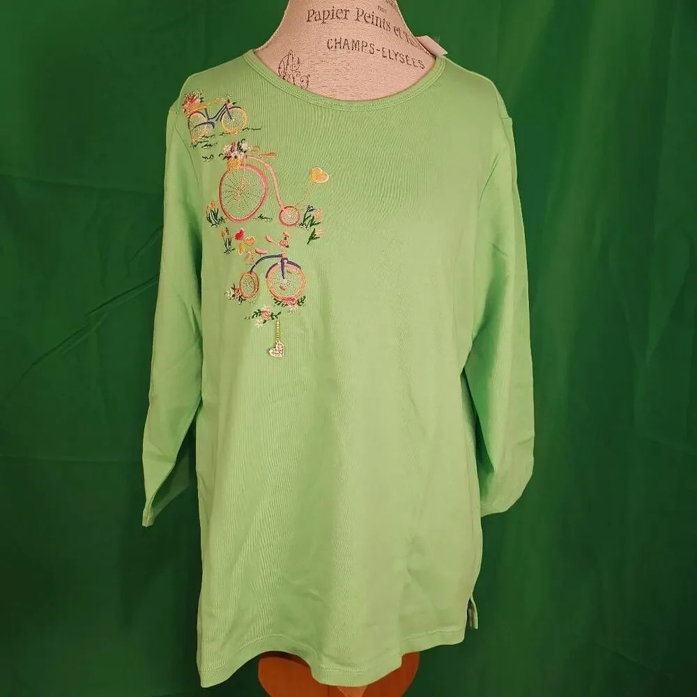NWT Quacker Factory Green‎ Embroidered Embellished Bicycle 3/4 Sleeve Top L